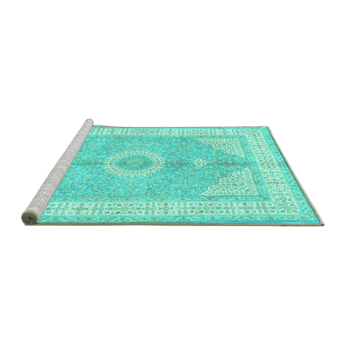 Sideview of Machine Washable Medallion Turquoise Traditional Area Rugs, wshtr3164turq