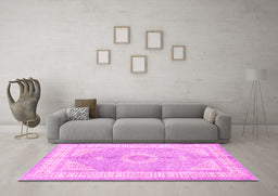Machine Washable Medallion Pink Traditional Rug in a Living Room, wshtr3164pnk