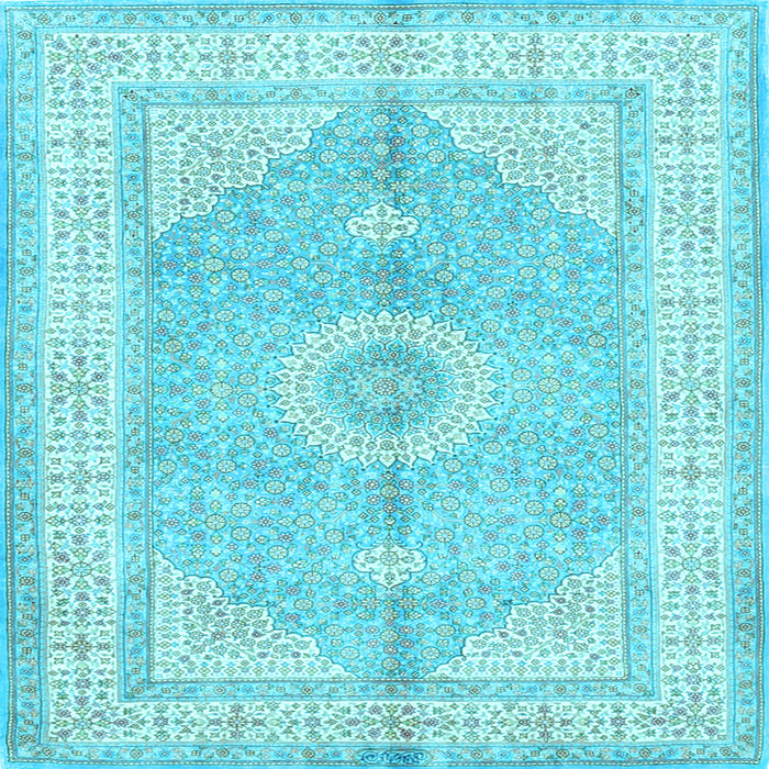 Square Machine Washable Medallion Light Blue Traditional Rug, wshtr3164lblu