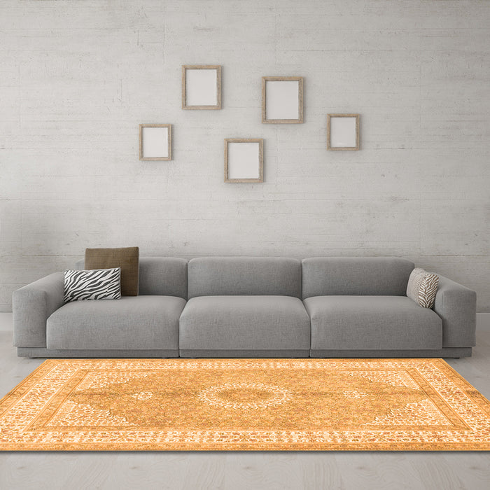 Machine Washable Medallion Orange Traditional Area Rugs in a Living Room, wshtr3164org
