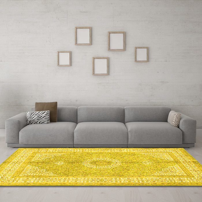 Machine Washable Medallion Yellow Traditional Rug in a Living Room, wshtr3164yw