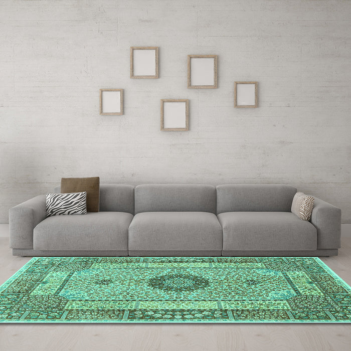 Machine Washable Persian Turquoise Traditional Area Rugs in a Living Room,, wshtr3165turq