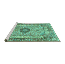 Sideview of Machine Washable Persian Turquoise Traditional Area Rugs, wshtr3165turq