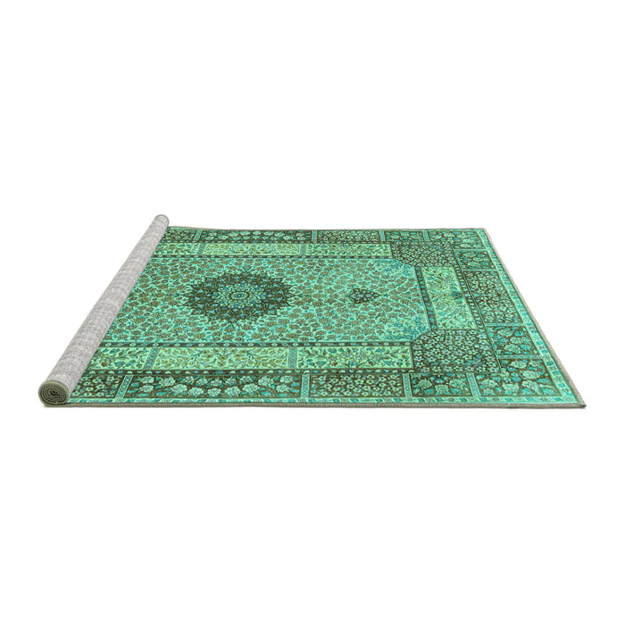 Sideview of Machine Washable Persian Turquoise Traditional Area Rugs, wshtr3165turq