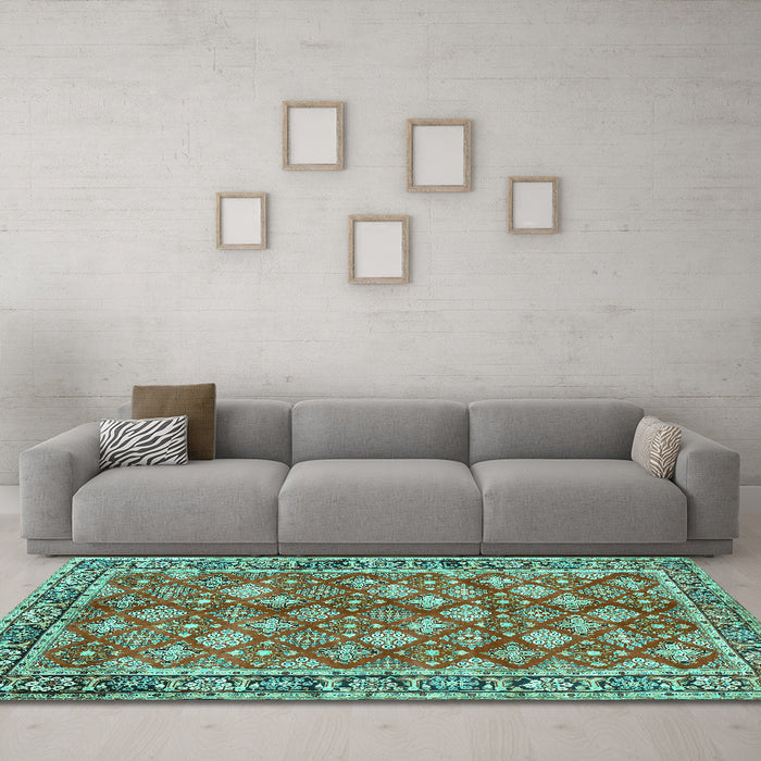 Machine Washable Persian Turquoise Traditional Area Rugs in a Living Room,, wshtr3167turq