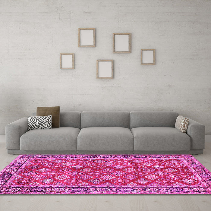 Machine Washable Persian Pink Traditional Rug in a Living Room, wshtr3167pnk
