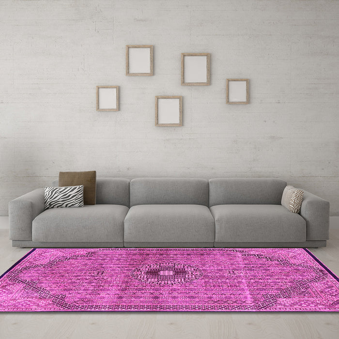 Machine Washable Persian Pink Traditional Rug in a Living Room, wshtr3168pnk