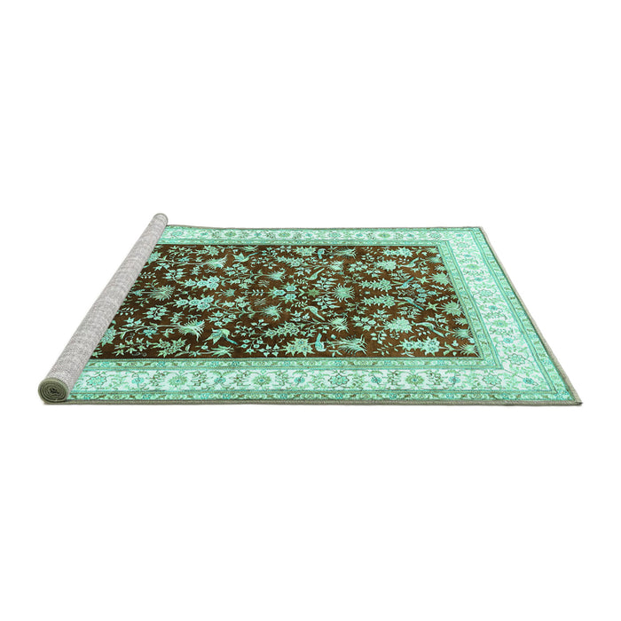 Sideview of Machine Washable Persian Turquoise Traditional Area Rugs, wshtr3169turq