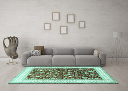 Machine Washable Persian Turquoise Traditional Area Rugs in a Living Room,, wshtr3169turq