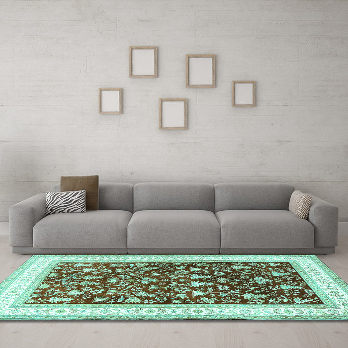 Machine Washable Persian Turquoise Traditional Area Rugs in a Living Room,, wshtr3169turq