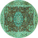 Round Machine Washable Medallion Turquoise Traditional Area Rugs, wshtr3170turq