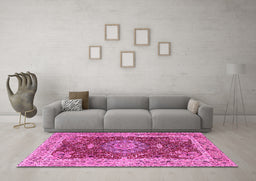 Machine Washable Medallion Pink Traditional Rug in a Living Room, wshtr3170pnk