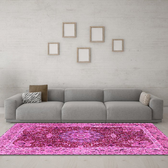 Machine Washable Medallion Pink Traditional Rug in a Living Room, wshtr3170pnk