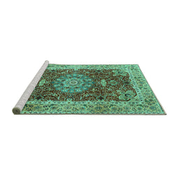 Sideview of Machine Washable Medallion Turquoise Traditional Area Rugs, wshtr3170turq