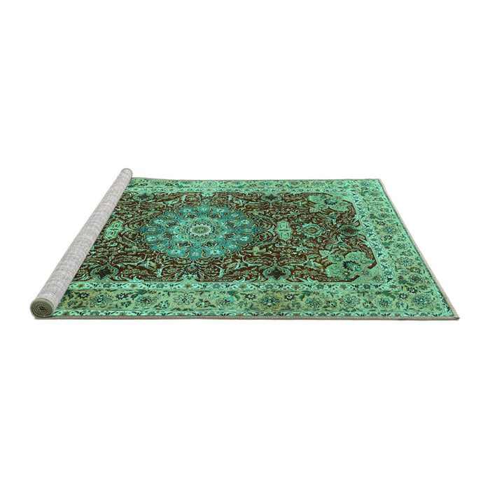 Sideview of Machine Washable Medallion Turquoise Traditional Area Rugs, wshtr3170turq