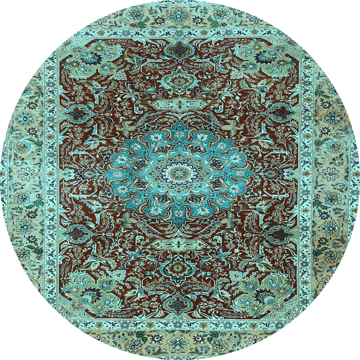 Round Machine Washable Medallion Light Blue Traditional Rug, wshtr3170lblu