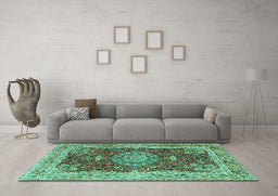 Machine Washable Medallion Turquoise Traditional Area Rugs in a Living Room,, wshtr3170turq