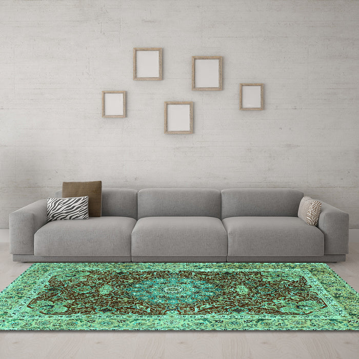 Machine Washable Medallion Turquoise Traditional Area Rugs in a Living Room,, wshtr3170turq
