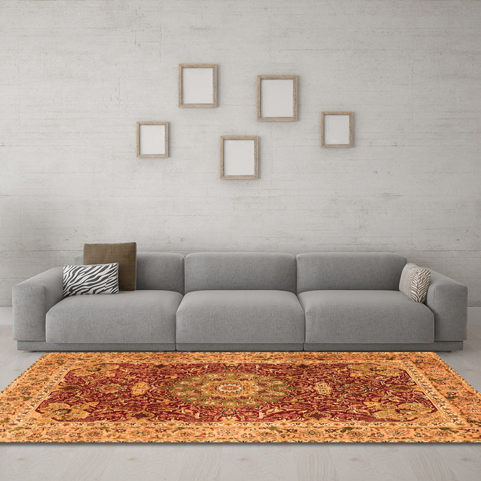 Machine Washable Medallion Orange Traditional Area Rugs in a Living Room, wshtr3170org
