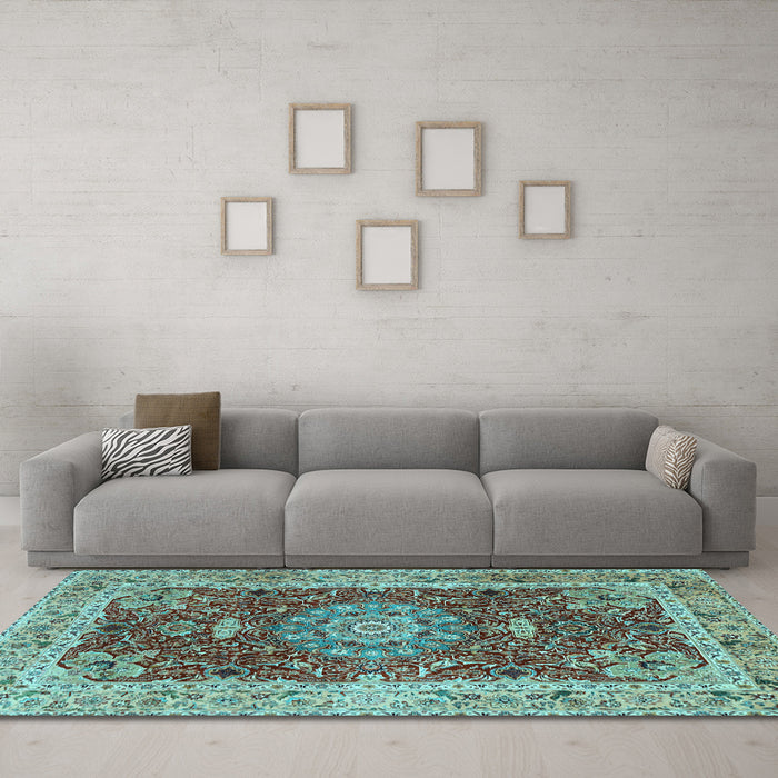 Machine Washable Medallion Light Blue Traditional Rug in a Living Room, wshtr3170lblu