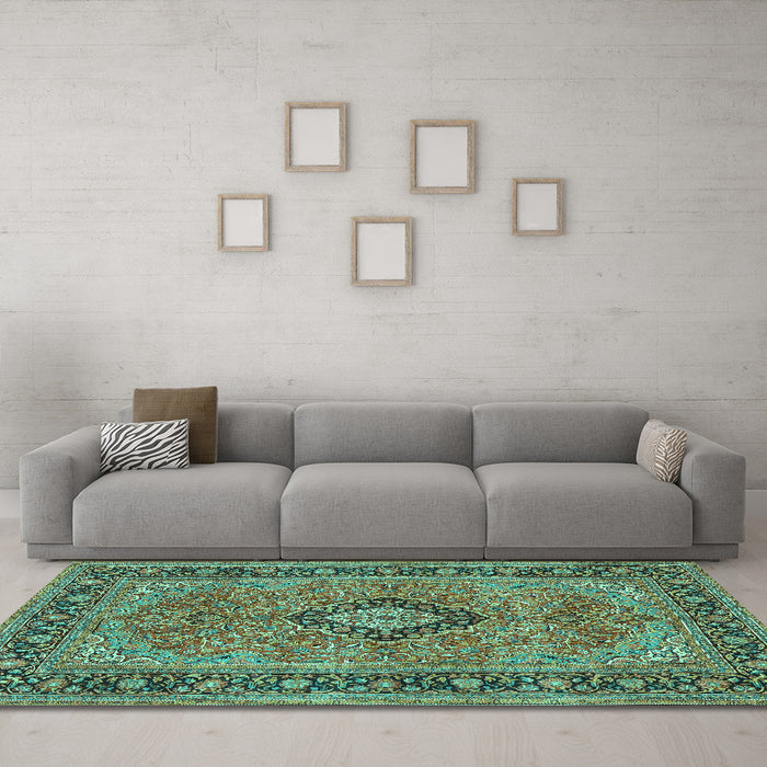 Machine Washable Persian Turquoise Traditional Area Rugs in a Living Room,, wshtr3172turq