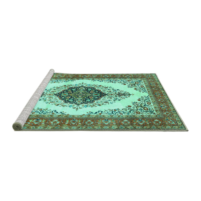 Sideview of Machine Washable Persian Turquoise Traditional Area Rugs, wshtr3173turq