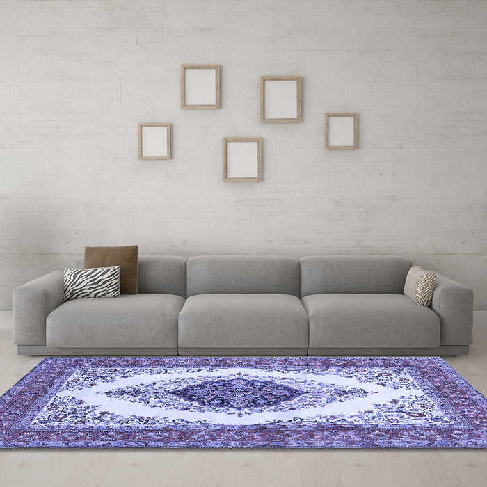 Machine Washable Persian Blue Traditional Rug in a Living Room, wshtr3173blu