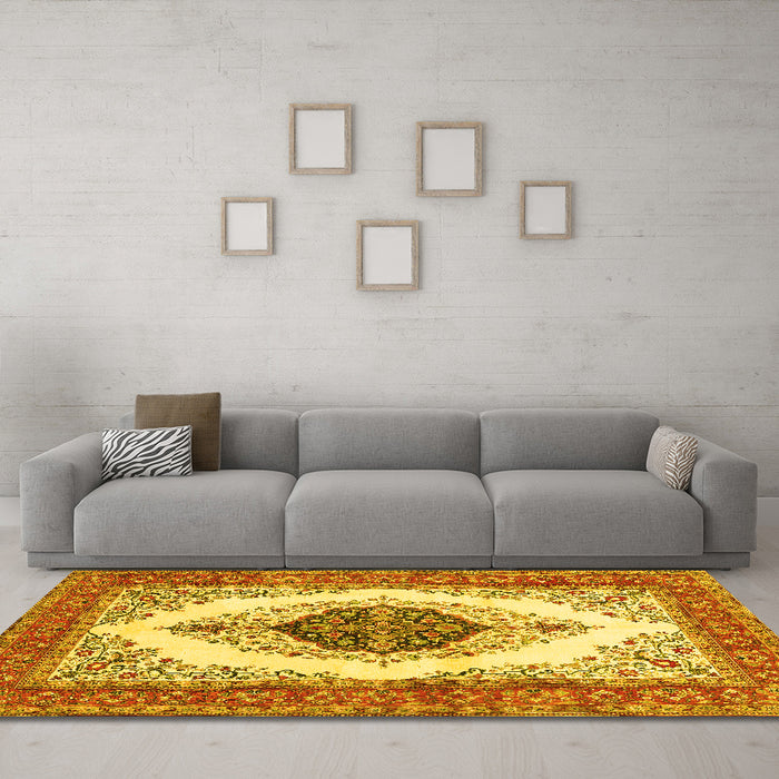 Machine Washable Persian Yellow Traditional Rug in a Living Room, wshtr3173yw
