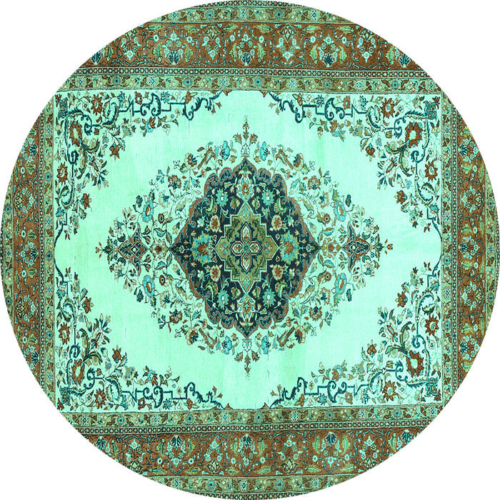 Round Machine Washable Persian Turquoise Traditional Area Rugs, wshtr3173turq