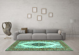 Machine Washable Persian Turquoise Traditional Area Rugs in a Living Room,, wshtr3173turq