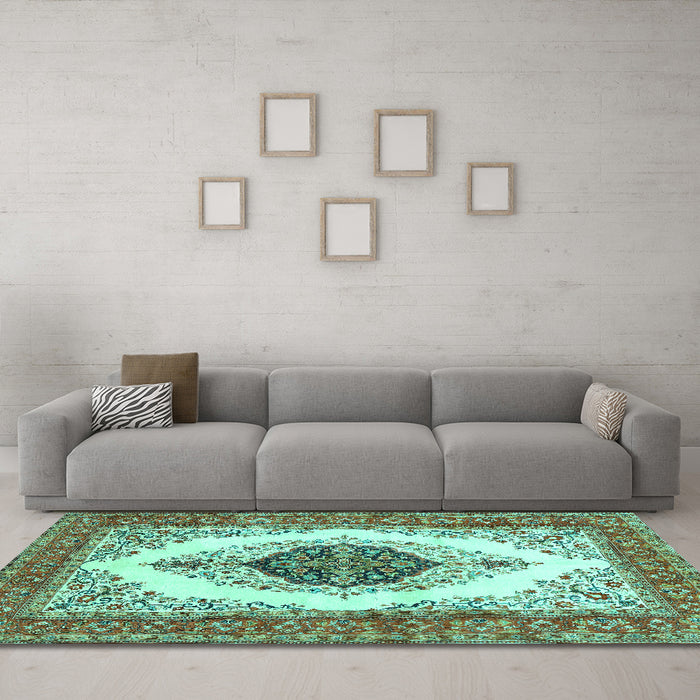 Machine Washable Persian Turquoise Traditional Area Rugs in a Living Room,, wshtr3173turq