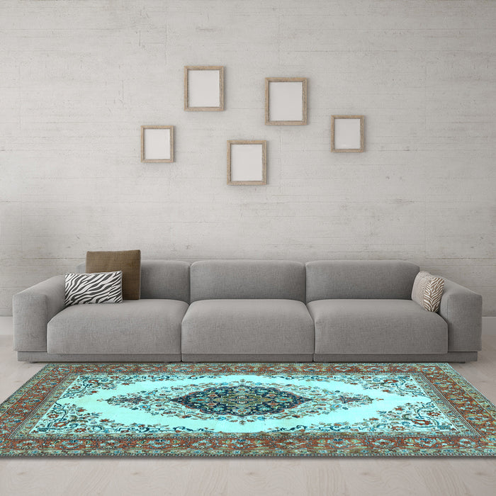 Machine Washable Persian Light Blue Traditional Rug in a Living Room, wshtr3173lblu