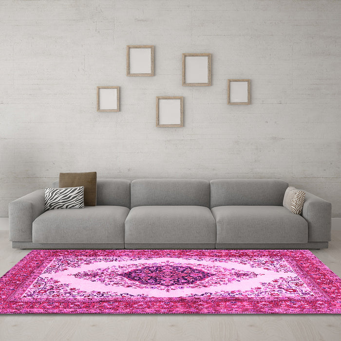 Machine Washable Persian Pink Traditional Rug in a Living Room, wshtr3173pnk