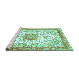 Sideview of Machine Washable Persian Turquoise Traditional Area Rugs, wshtr3174turq