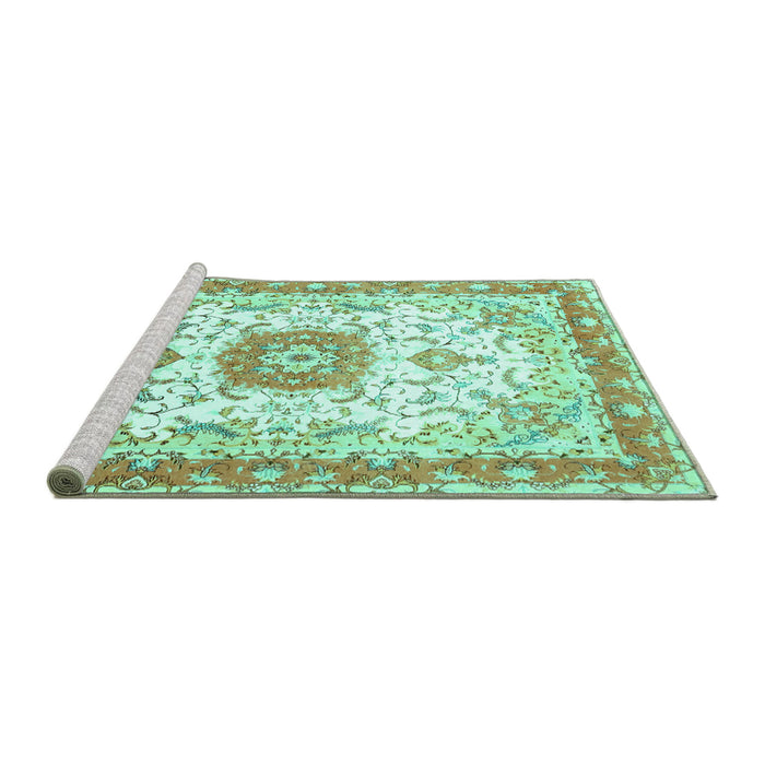 Sideview of Machine Washable Persian Turquoise Traditional Area Rugs, wshtr3174turq