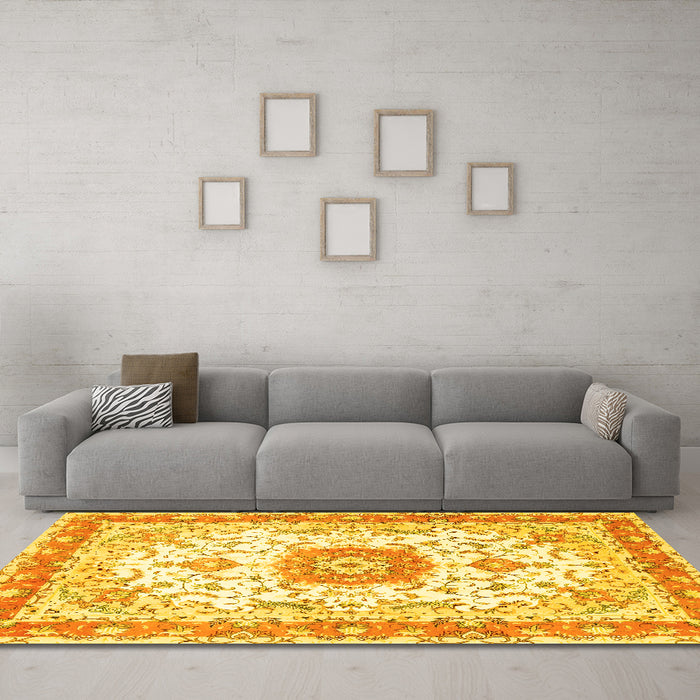 Machine Washable Persian Yellow Traditional Rug in a Living Room, wshtr3174yw