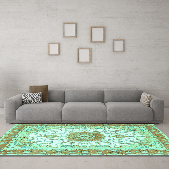 Machine Washable Persian Turquoise Traditional Area Rugs in a Living Room,, wshtr3174turq
