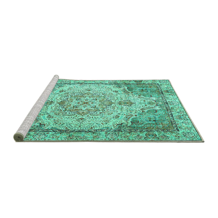 Sideview of Machine Washable Persian Turquoise Traditional Area Rugs, wshtr3175turq