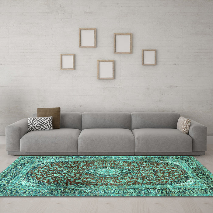 Machine Washable Persian Turquoise Traditional Area Rugs in a Living Room,, wshtr3176turq