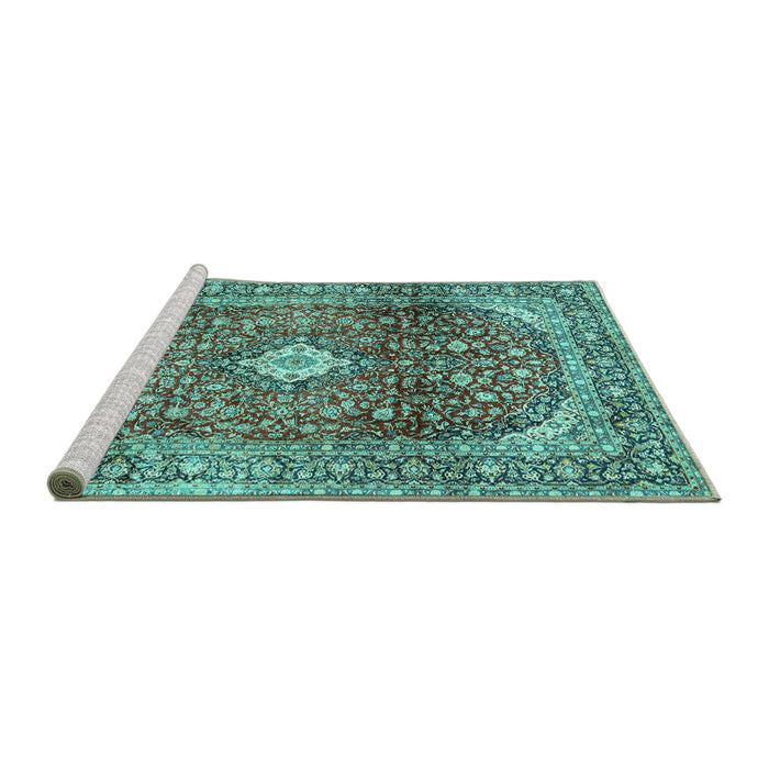 Sideview of Machine Washable Persian Turquoise Traditional Area Rugs, wshtr3176turq