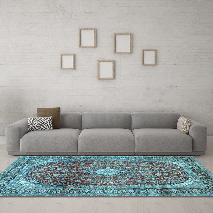Machine Washable Persian Light Blue Traditional Rug in a Living Room, wshtr3176lblu