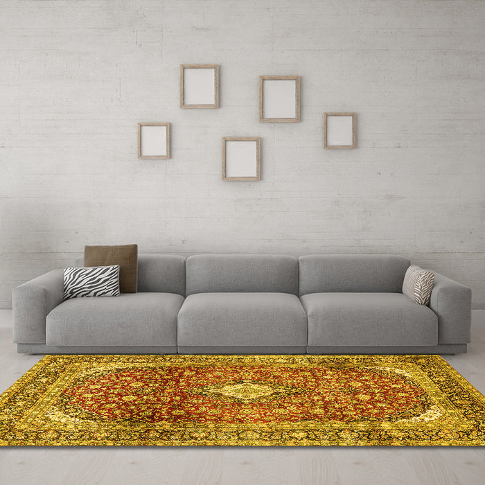 Machine Washable Persian Yellow Traditional Rug in a Living Room, wshtr3176yw