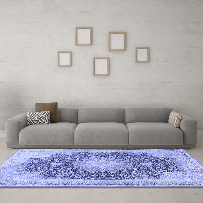 Machine Washable Medallion Blue Traditional Rug in a Living Room, wshtr3177blu