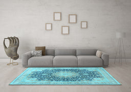 Machine Washable Medallion Light Blue Traditional Rug in a Living Room, wshtr3177lblu