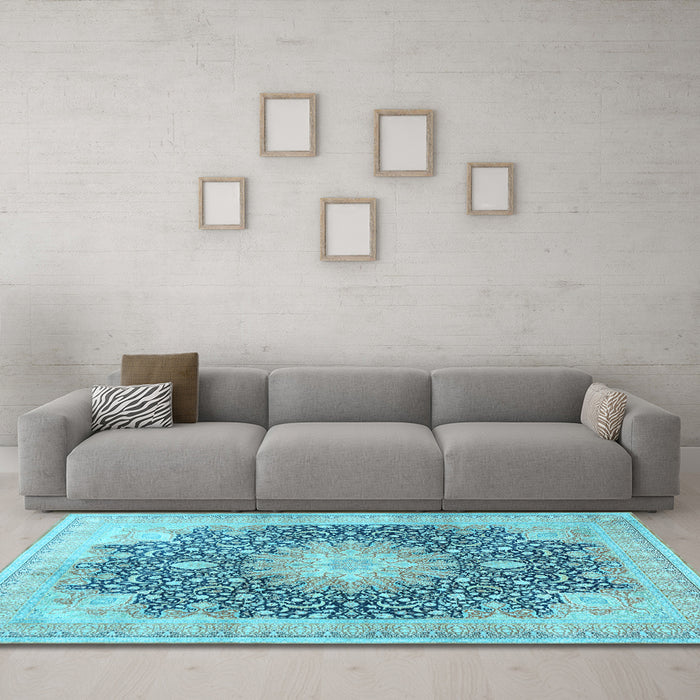 Machine Washable Medallion Light Blue Traditional Rug in a Living Room, wshtr3177lblu