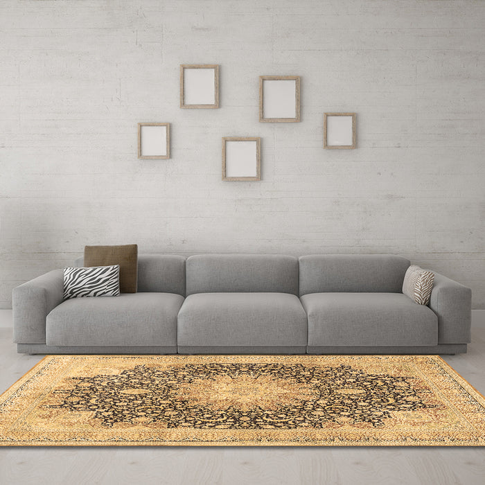 Machine Washable Medallion Brown Traditional Rug in a Living Room,, wshtr3177brn