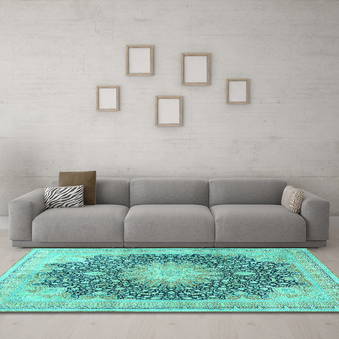 Machine Washable Medallion Turquoise Traditional Area Rugs in a Living Room,, wshtr3177turq