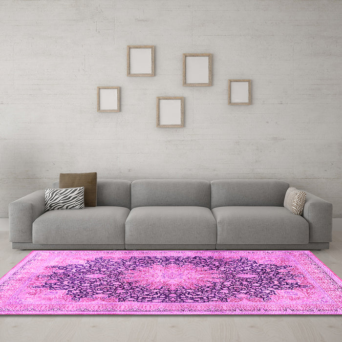 Machine Washable Medallion Pink Traditional Rug in a Living Room, wshtr3177pnk