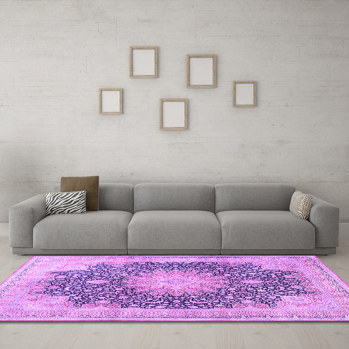 Machine Washable Medallion Purple Traditional Area Rugs in a Living Room, wshtr3177pur