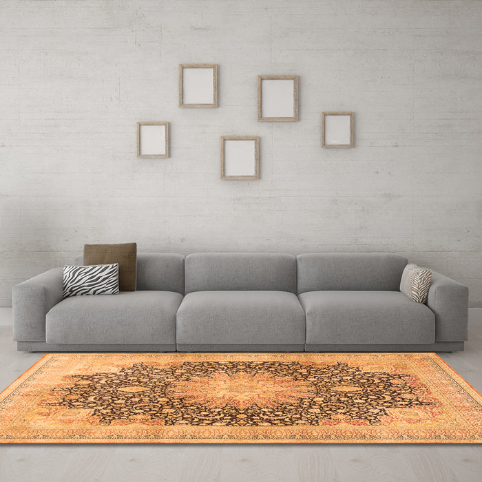 Machine Washable Medallion Orange Traditional Area Rugs in a Living Room, wshtr3177org